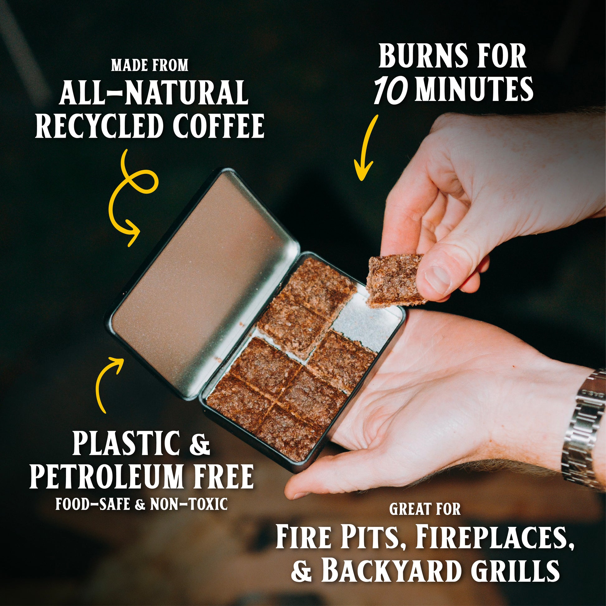 Eco friendly fire starters for camping  and grilling made from coffee husks, waterproof fire starter for fire pit and charcoal grill. Long burn time, eco friendly, fire pits, fire places, grills
